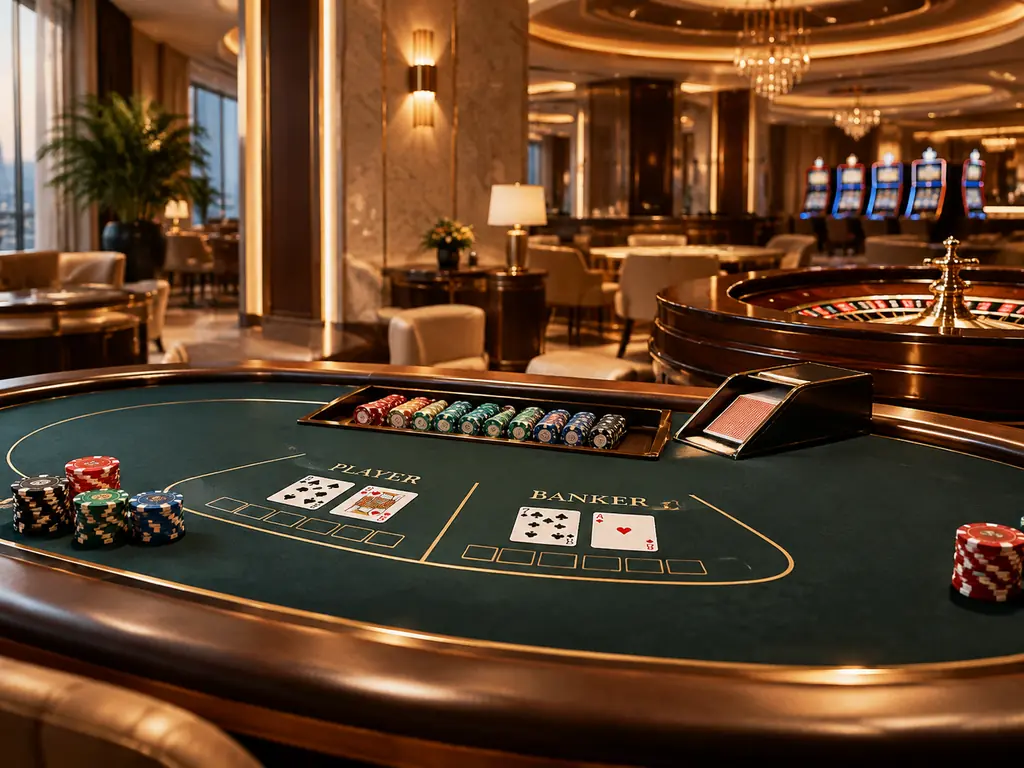 Ilustrasi interior kasino dengan meja kartu dan roda roulette bernuansa pasir dan emas