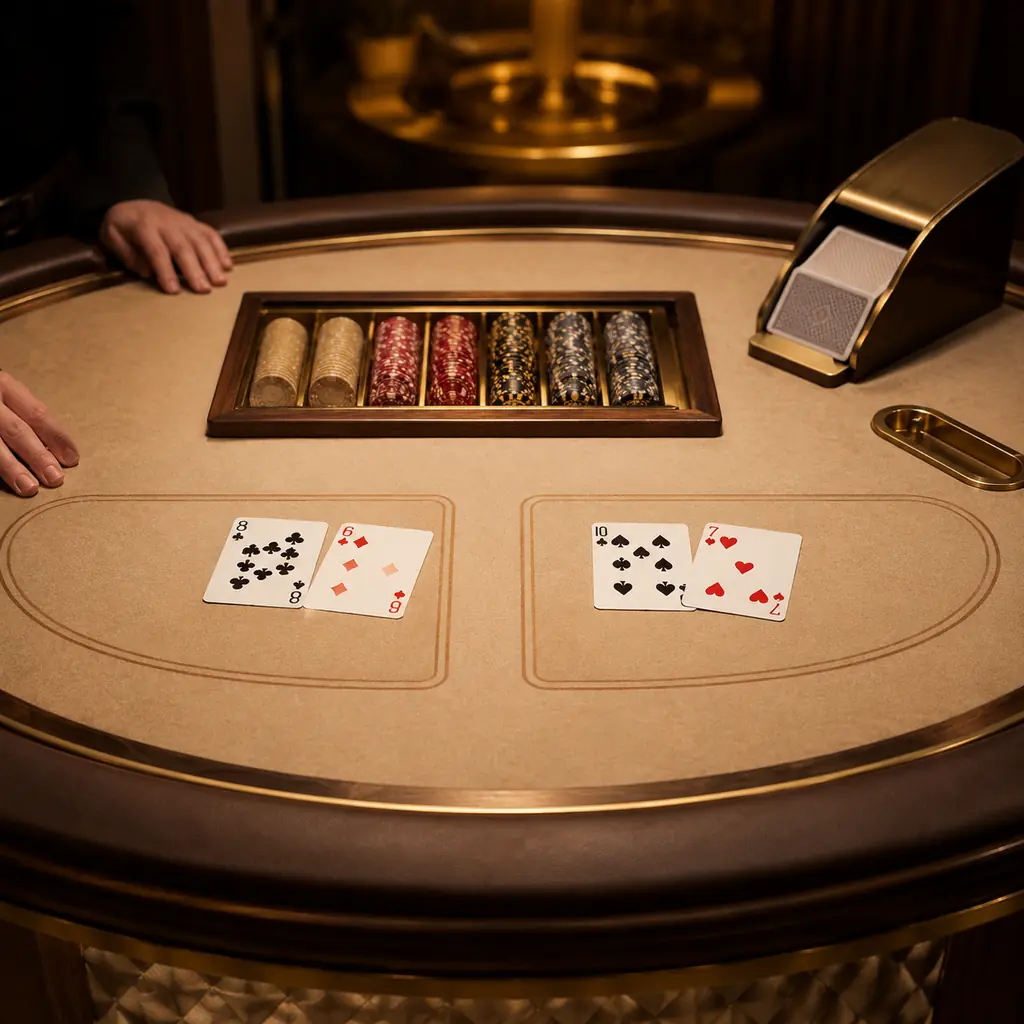 Ilustrasi meja baccarat dengan kartu dan sepatu kartu
