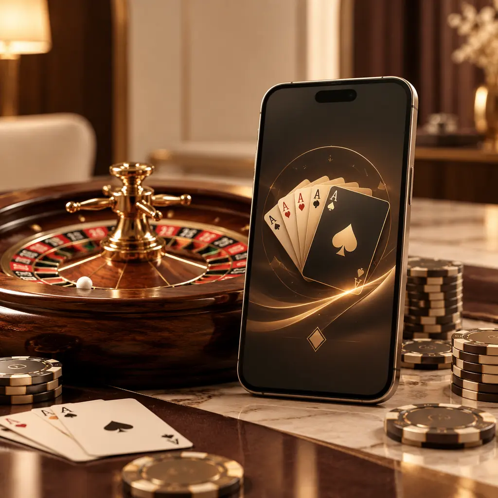 Ilustrasi ponsel di samping roda roulette dan cip